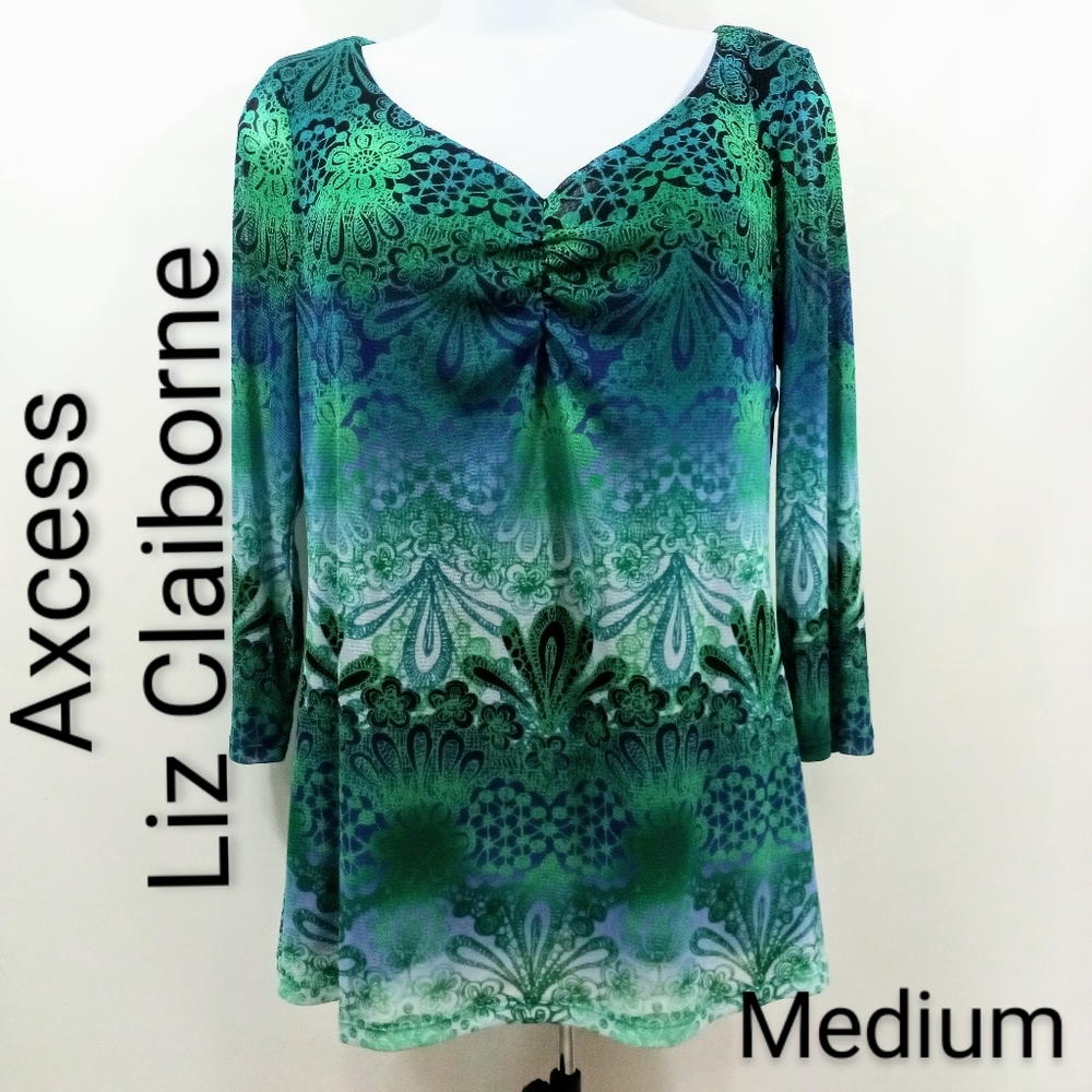 Axcess Claiborne Aqua Damask Ruched V-Neck Tunic
